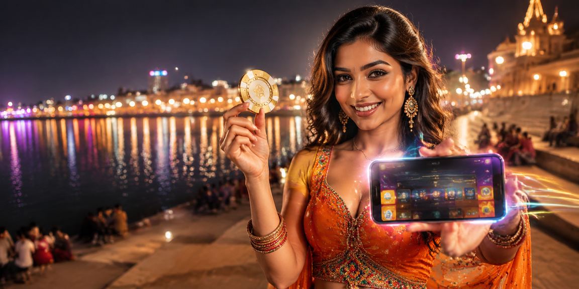 Young woman playing Teen Patti on mobile at Ahmedabad riverfront