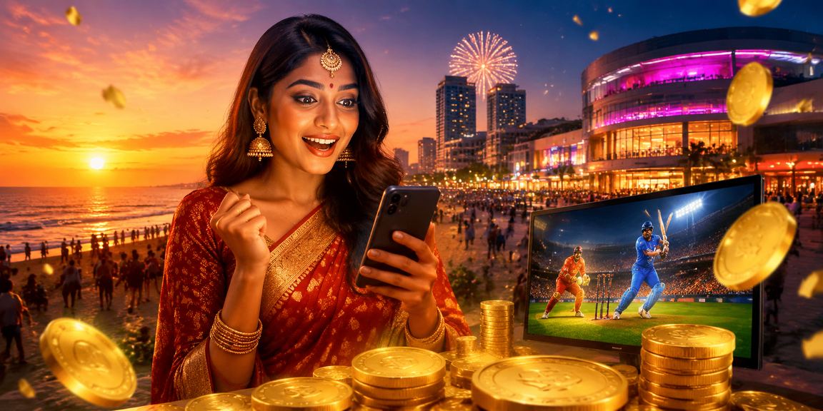 Woman in traditional saree following IPL cricket betting on mobile in Chennai